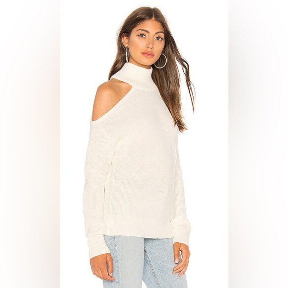 Lovers + Friends Ivory Tan Wool Blend Turtleneck Cold Shoulder Sweater Sz S - Picture 2 of 9